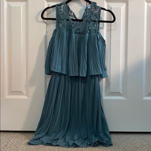 Blue Ruffle Lace Neck Cold Shoulder Dress